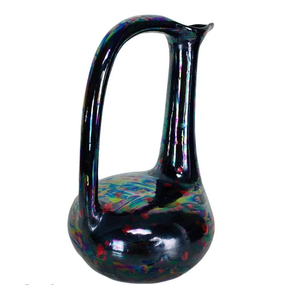 Vintage Black Iridescent Glazed Oil slick Petrol Gothic Bird Ewer Pitcher Vase